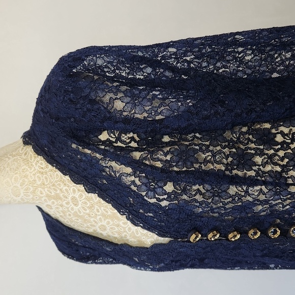 Beautiful U Women's Navy Blue Crochet Lace Scalloped Hem Button Front Cardigan L - Picture 7 of 15